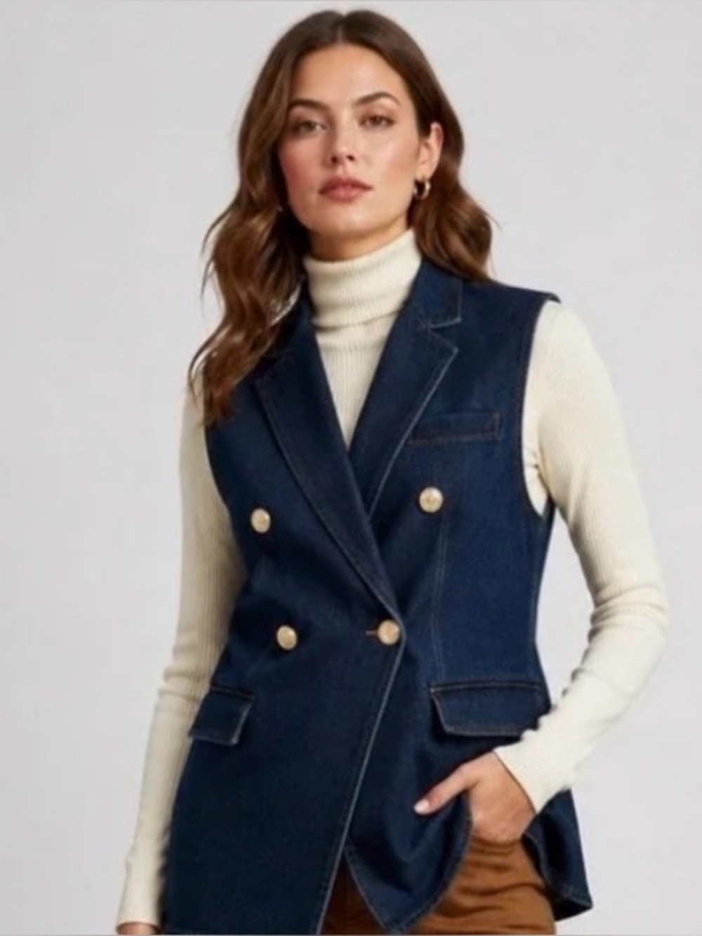 Avec Les Filles Navy Double-Breasted Denim Vest with Gold Buttons Size Medium